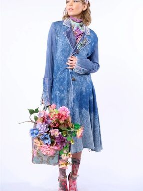 Aratta Captain General Blue Washed Long-Sleeve Midi Coat XL